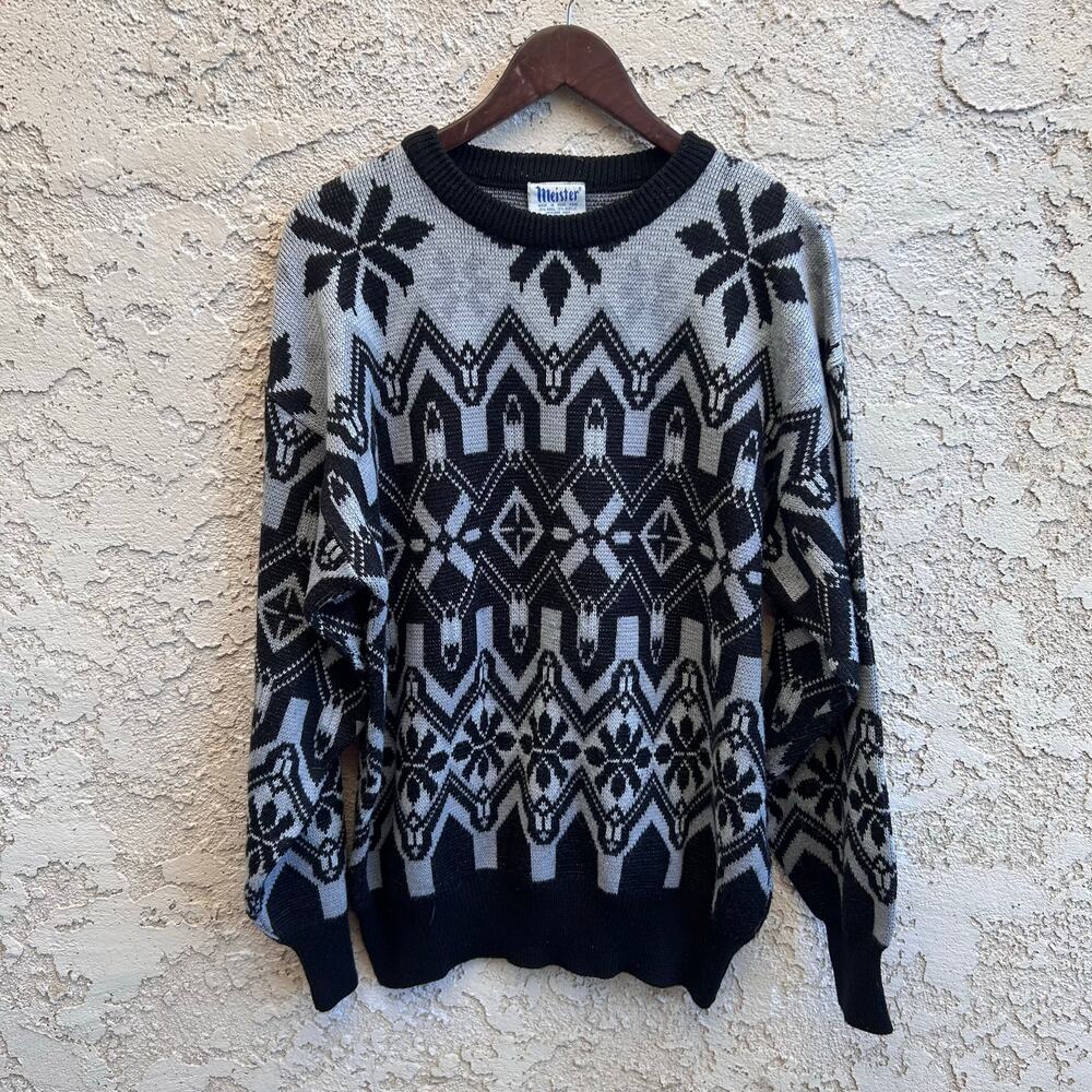 Vintage Meister Black & Gray Nordic Knit Sweater Mens Large